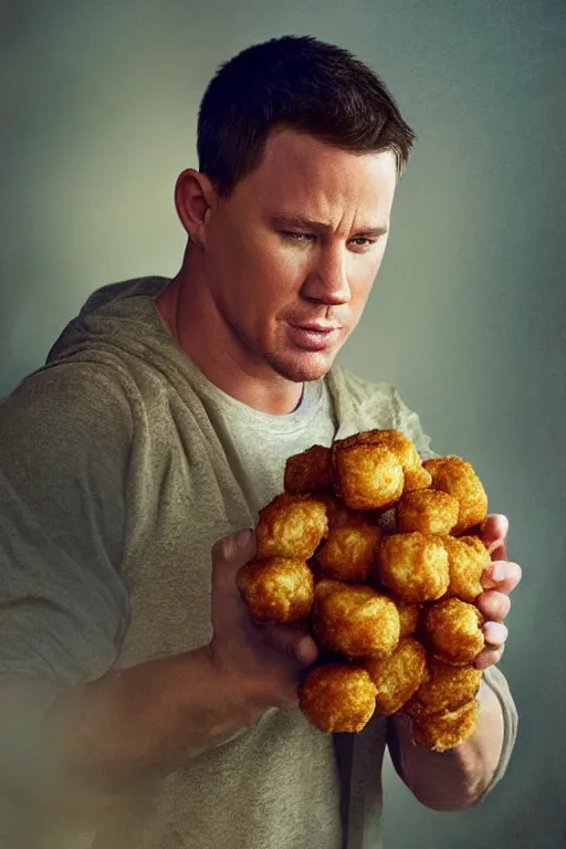 Image similar to channing tatum wearing a tater tot costume, oil on canvas, intricate, 8 k highly professionally detailed, hdr, cgsociety