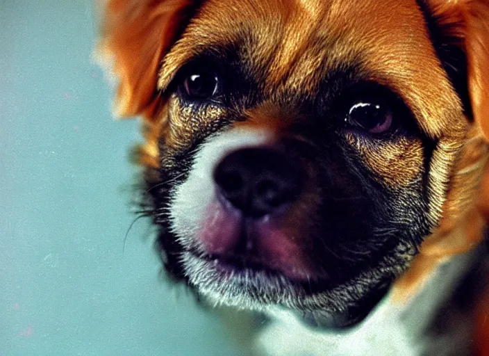 Image similar to a extreme close - up photo, color studio photographic portrait of a little dog, dramatic backlighting, 1 9 7 3 photo from life magazine,