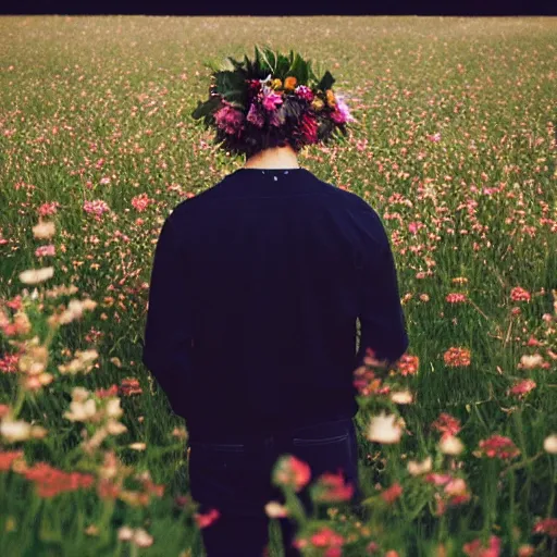 Image similar to kodak portra 4 0 0 photograph of a skinny blonde goth guy standing far back in a field of flowers, back view, flower crown, moody lighting, telephoto, 9 0 s vibe, blurry background, vaporwave colors, faded!,