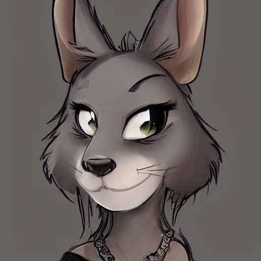 Image similar to headshot of young female furry, D&D, cute, fantasy, intricate, long hair, dark grey skin, mouse face, mouse nose, dark skin, mouse head, mouse ears, black hair, elegant, highly detailed, cartoony, artstation, concept art, smooth, sharp focus, illustration, art by Diives