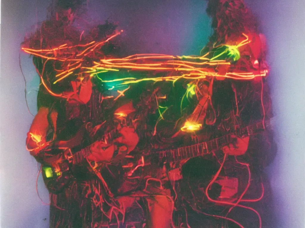 Image similar to 1980s polaroid colour flash photograph of a creature made of electric guitars