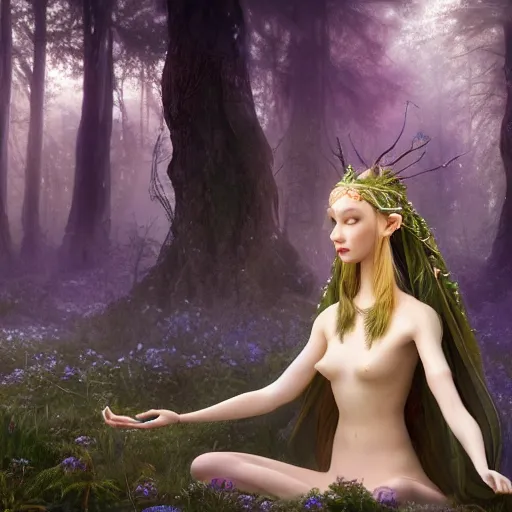 Image similar to elven princess meditating in forest, magical flowers, surrounded by fairies, beautiful face, wisps, surreal, surrealist art, photo, trending on artstation, ultra detailed, intricate, sacred geometry, serene, beautiful, photo, realistic, perfect, smooth, light shafts, light diffusion, chromatic aberration, moebius, by moebius, peter mohrbacher, eye contact, symmetry, magical princess