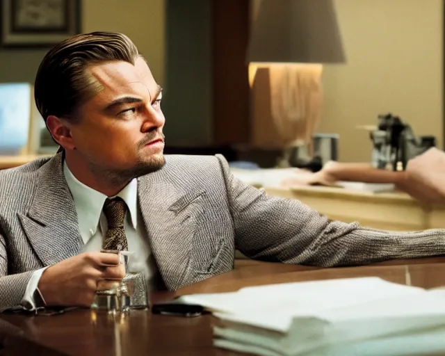 Prompt: leonardo dicaprio as the wolf of wall street, cinamtic, long shot, hyper detailed, highly detailed face, 8 5 mm photograph, 8 k resolution, film still, sharp lens, wide lens