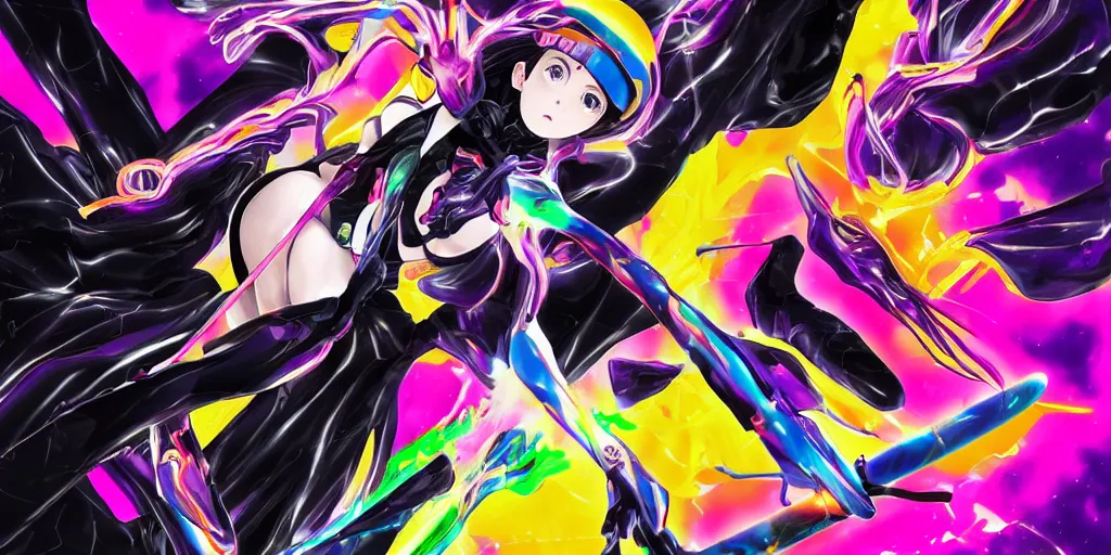 Prompt: : extremely beautiful photo of a black marble statue of an anime girl with colorful skateboard logos and helmet with closed visor, colorful hyperbolic background, fine art, neon genesis evangelion, virgil abloh, offwhite, denoise, highly detailed, 8 k, hyperreal