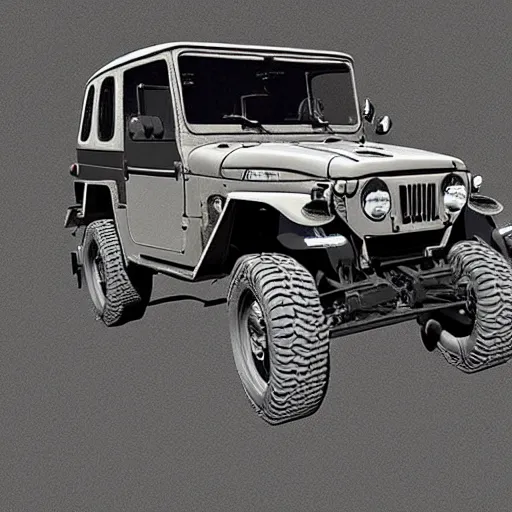 Image similar to a blueprint by Leonardo da Vinci of a Toyota Fj43 build in 1981, black roof, with a roof rack, detailed, in the style of Leonardo da Vinci, 8K, octane render, 8K,