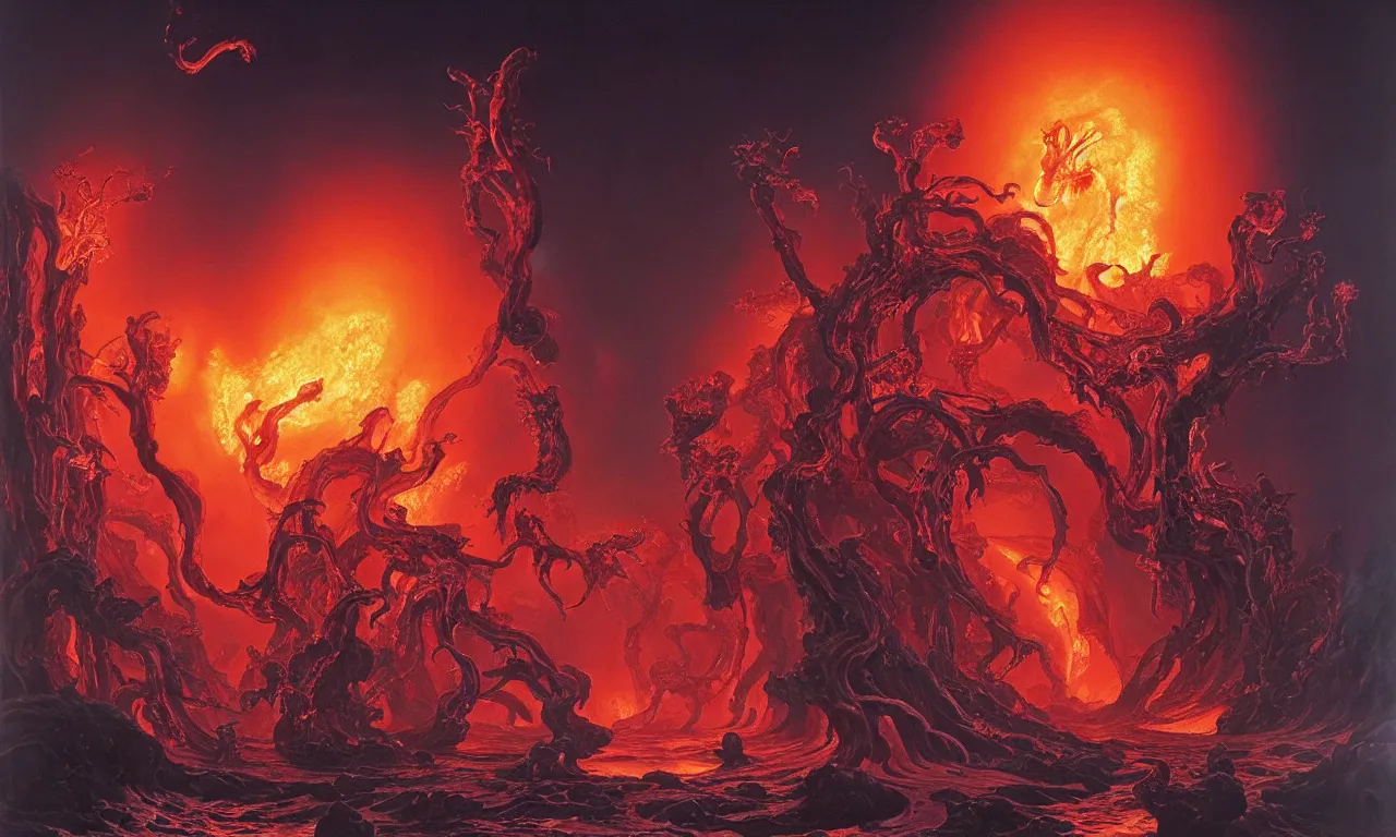 Prompt: painting by wayne barlowe. the swirling portal in the ocean erupts violently with fire and brimstone with hellacious abominations flying out of the portal in droves. photorealistic. intricate details. 3 5 mm photograph. dramatic lighting. action shot. absolute focus. masterpiece.