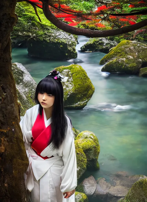 Image similar to photo of a japanese shrine maiden, young beautiful woman, award winning photo, stunning scenery, high definition, 8 k, dynamic lighting