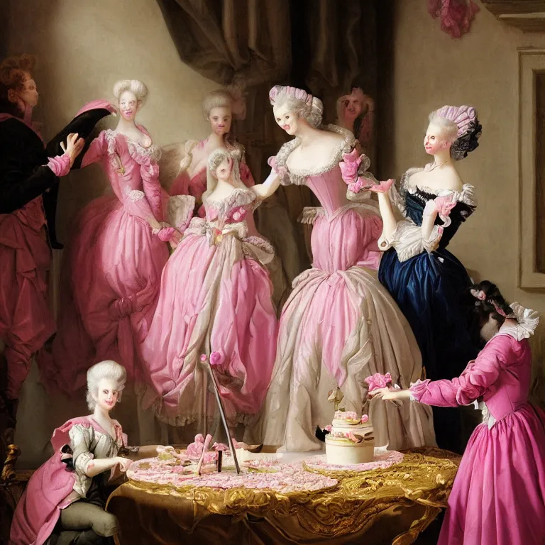 Prompt: Marie Antoinette cutting a pink cake. Baroque painting, trending on artstation, 50mm