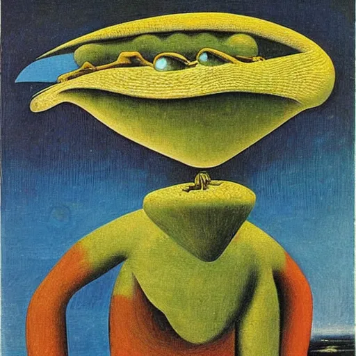 Image similar to An oil painting of a strange alien creature by Max Ernst and Giorgio de Chirico