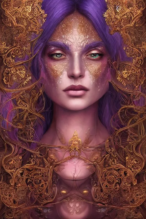 Image similar to elaborately hyperdetailed illustration of an extremely beautiful regal witch, eerie mist and ethereal pink bubbles, Aetherpunk, atmospheric lighting, high fantasy professionally painted digital art painting, smooth, sharp focus, highly detailed illustration highlights, backlight, golden ratio, 8K detail post-processing, symmetrical facial features, rich deep moody colors, award winning picture, Daily Deviation on DeviantArt, trending on cgsociety, featured on ArtstationHQ, very coherent symmetrical artwork, concept art