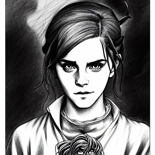 Image similar to emma watson in a demon slayer manga pencil, pencil and vine charcoal drawing, on medium grade paper, indian ink, variable lineart, grayscale, manga tones, detailed, set in hell, threatening an oompa loompa, hyper realistic, manga