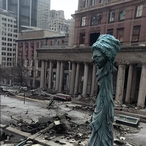 Prompt: liberty statue ruined down, post apocalyptic