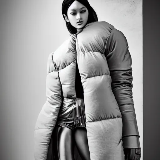 Image similar to well lit fashion shoot portrait of extremely beautiful female marble statue wearing huge over size puffer jacket by dingyun zhang, yeezy, balenciaga, vetements, a cold wall, sharp focus, clear, detailed,, cinematic, detailed, off white, glamourous, symmetrical, vogue, editorial, fashion, magazine shoot, glossy