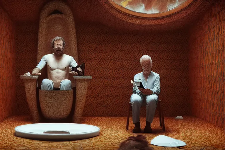 Image similar to hyperrealism aesthetic ridley scott and denis villeneuve style photography of a detailed giant, siting on a detailed ultra huge toilet and scrolling his smartphone in surreal scene from detailed art house movie in style of alejandro jodorowsky and wes anderson