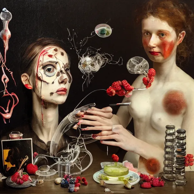 Prompt: woman holding an electronic brain from inside a painting, feminine, a portrait in a female art student's apartment, pancakes, berries, octopus, surgical supplies, skull, scientific glassware, art materials, candle dripping white wax, berry juice drips, neo - expressionism, surrealism, acrylic and spray paint and oilstick on canvas