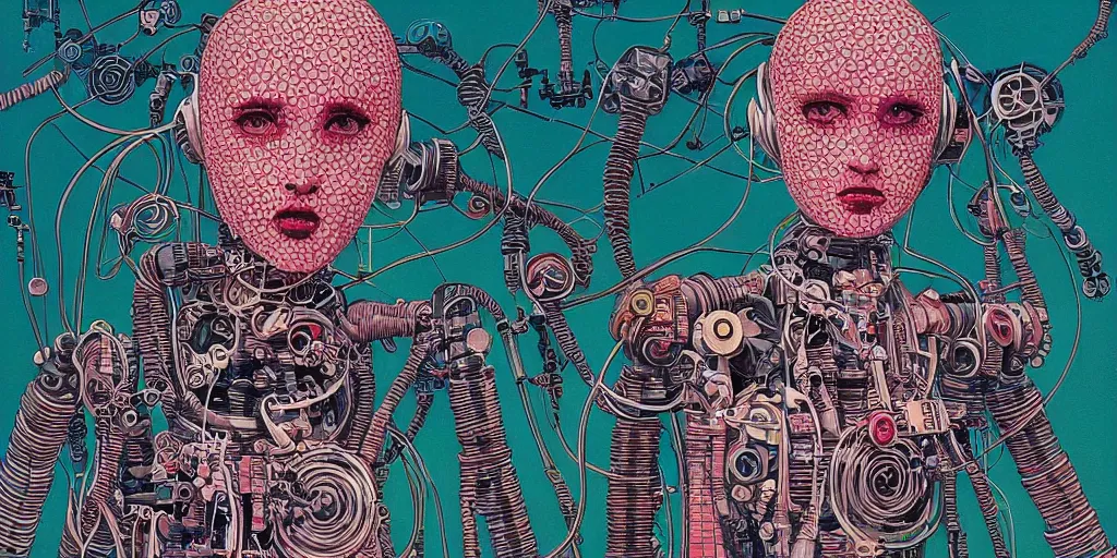 Prompt: risograph grainy drawing vintage sci - fi, kathryn newton, satoshi kon color palette, face covered with robot parts and wires, wearing futuristic scaphander with lot of wires and tentacles, robot parts around and on the background, parking lot, painting by moebius and satoshi kon and dirk dzimirsky close - up portrait