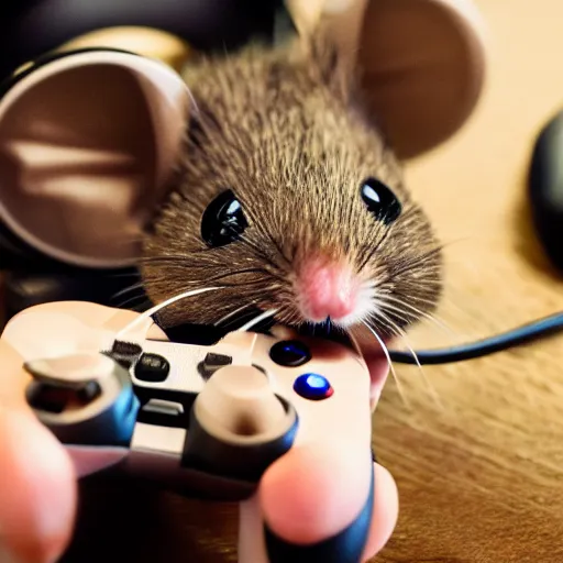 Prompt: tiny mouse wearing headphones, holding controller, gaming