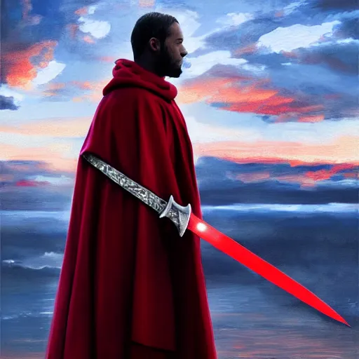 Prompt: man wearing a cloak and holding two red daggers, cinematic, sunset, medieval city background, painting, art