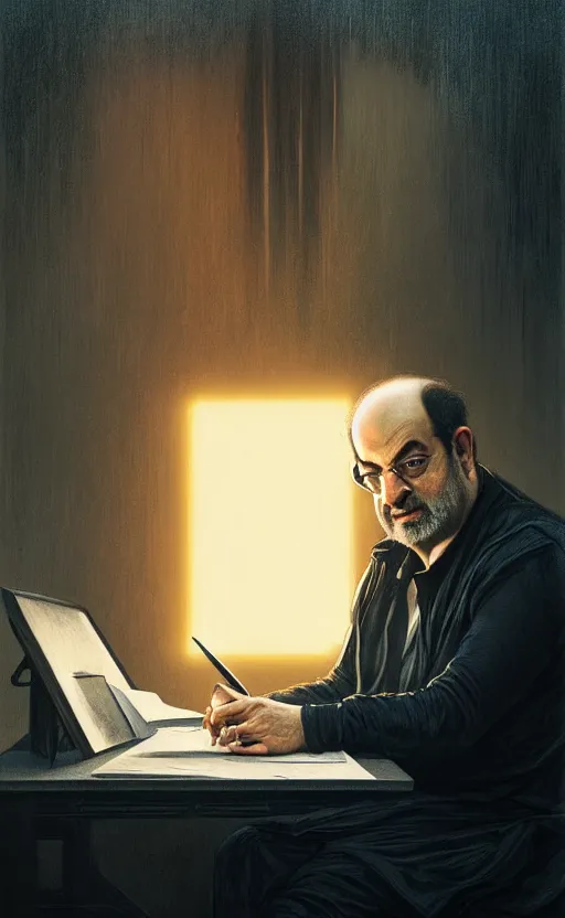 Image similar to portrait of salman rushdie writing in the dark, deep focus, blade runner 2 0 4 9, fantasy, intricate, elegant, highly detailed, digital painting, artstation, concept art, matte, sharp focus, illustration, art by artgerm and greg rutkowski and alphonse mucha