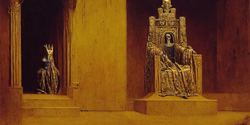 Image similar to a medieval king sitting on a golden throne in a palace, beksinski painting