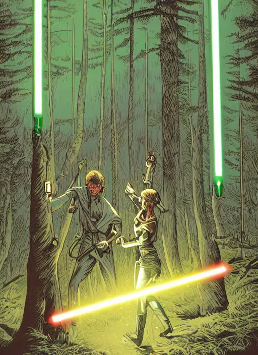 Image similar to lightsaber duel in a forest at night by Dan Mumford