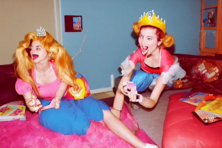 Prompt: a funny unexpected photo made with a disposable camera of a real life Princess Peach having fun in my livingroom, in color