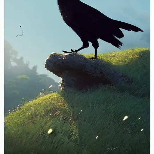 Prompt: a wholesome animation key shot of a crow on a hill, studio ghibli, pixar and disney animation, sharp, anime key art by greg rutkowski, bloom, dramatic lighting