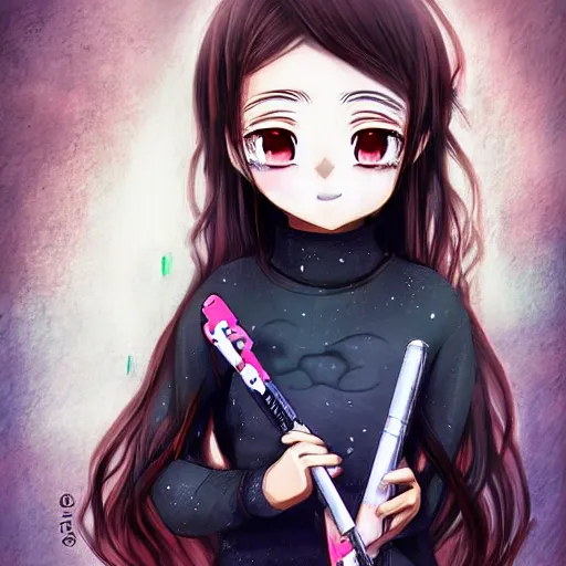 Image similar to portrait of a cute beautiful girl holding a balisong, anime digital art, creepy