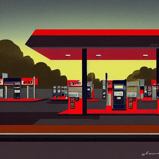 Prompt: a gas station at night by emiliano ponzi