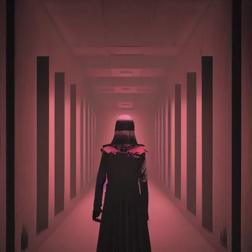 Prompt: A creepy woman standing in the center at the end of a dark red, long, fibrous hallway with hardly any light illuminating the room, dark photography, dark art style, trending on artstation, artstationHQ, artstationHD, 4k, 8k