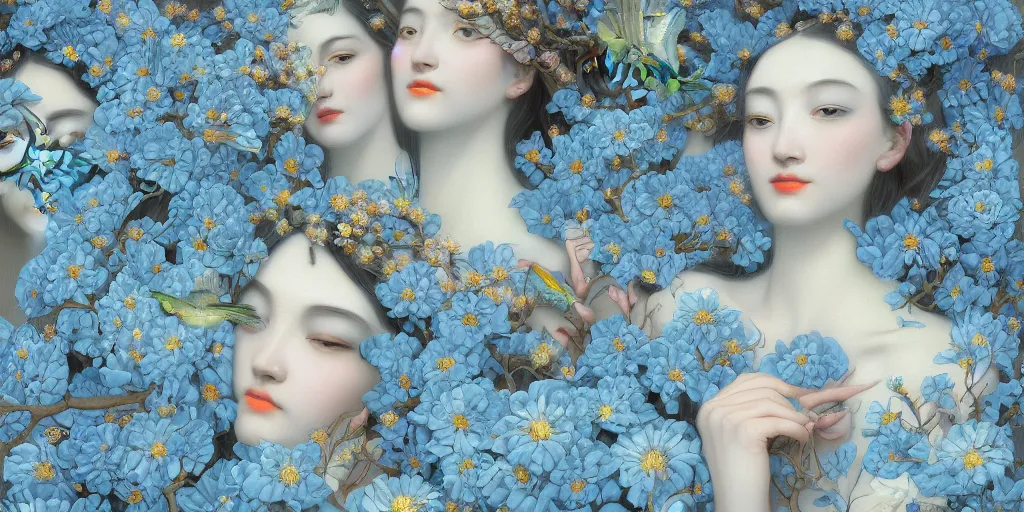 Image similar to breathtaking detailed concept art painting art deco pattern of faces goddesses amalmation light - blue flowers with anxious piercing eyes and blend of flowers and birds, by hsiao - ron cheng and john james audubon, bizarre compositions, exquisite detail, extremely moody lighting, 8 k