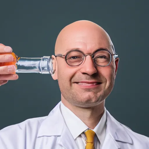 Image similar to a bald scientist drinking out of a comically small cup