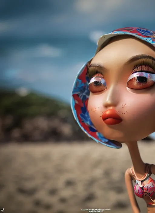 Image similar to closeup profile portrait of tin toy bikini girl beach, depth of field, zeiss lens, detailed, symmetrical, centered, fashion photoshoot, by nicoletta ceccoli, mark ryden, lostfish, breathtaking, 8 k resolution, extremely detailed, beautiful, establishing shot, artistic, hyperrealistic, octane render