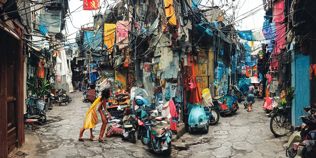 Image similar to alleyway vietnam hot summer day in the style of a comic book