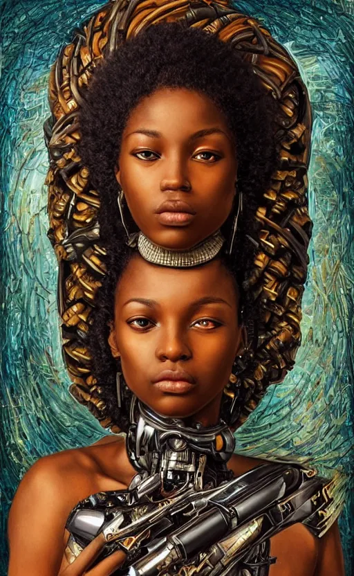 Image similar to beautiful young african cyborg princess muse, dazzling glowing eyes, elegant, striking composition, highly detailed ornate sci fi background, highly detailed, beautiful composition, mural painting in the style of sandro botticelli, caravaggio, albrecth durer