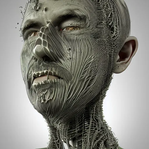 Image similar to hr giger and beeple and artgerm 3 d render of a man with slime mold growing all over his face