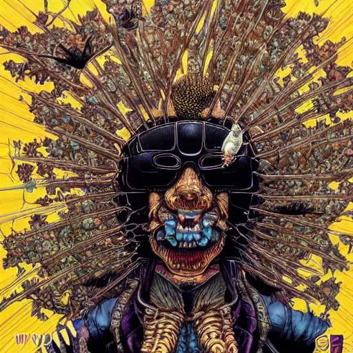 Prompt: portrait of crazy black fly man, symmetrical, by yoichi hatakenaka, masamune shirow, josan gonzales and dan mumford, ayami kojima, takato yamamoto, barclay shaw, karol bak