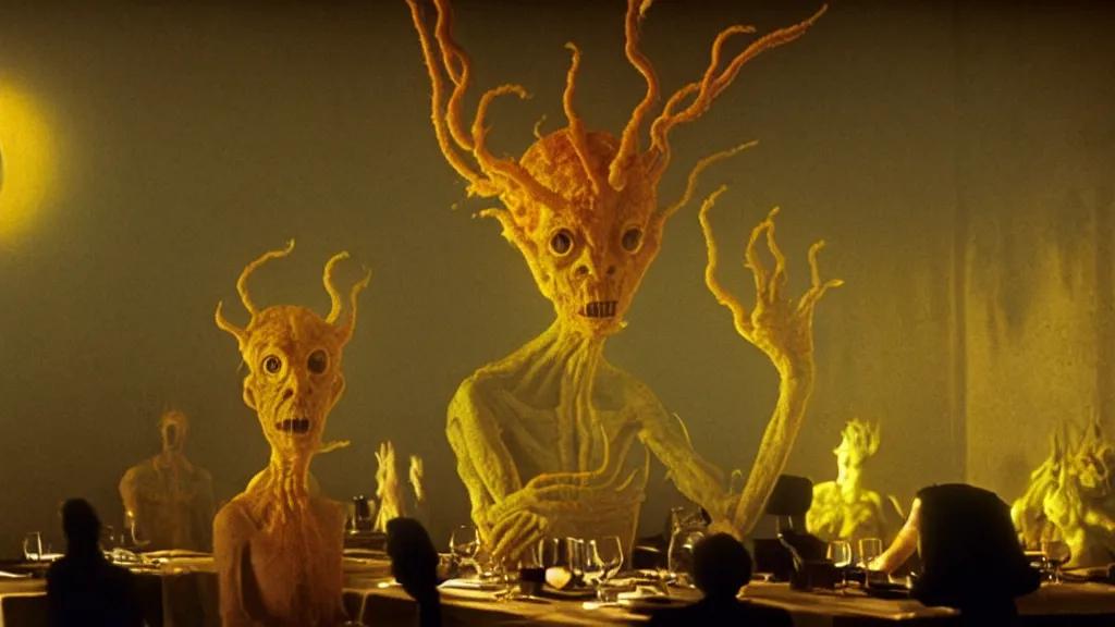 Image similar to the bright sun creature in the restaurant, film still from the movie directed by denis villeneuve and david cronenberg with art direction by zdzisław beksinski and dr. seuss