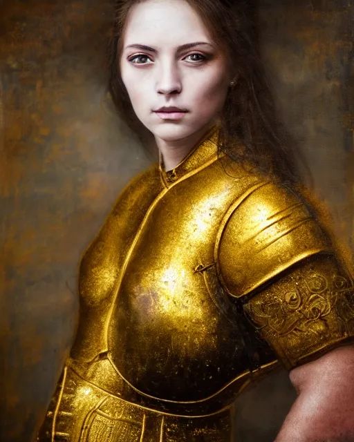 Prompt: encaustic painting portrait of woman in shining golden armor, high production value, intricate details, high resolution, hdr, high definition, masterpiece, realistic, ultrarealistic, highly detailed, hd, sharp focus, non blurry, sharp, smooth