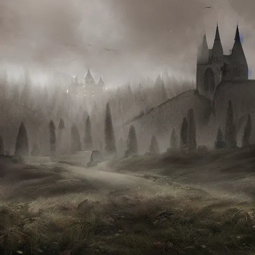 Prompt: Eerie landscape of a village surrounded by a dense forest and a distant castle that sits atop a hill, landscape, gloomy, dark fantasy