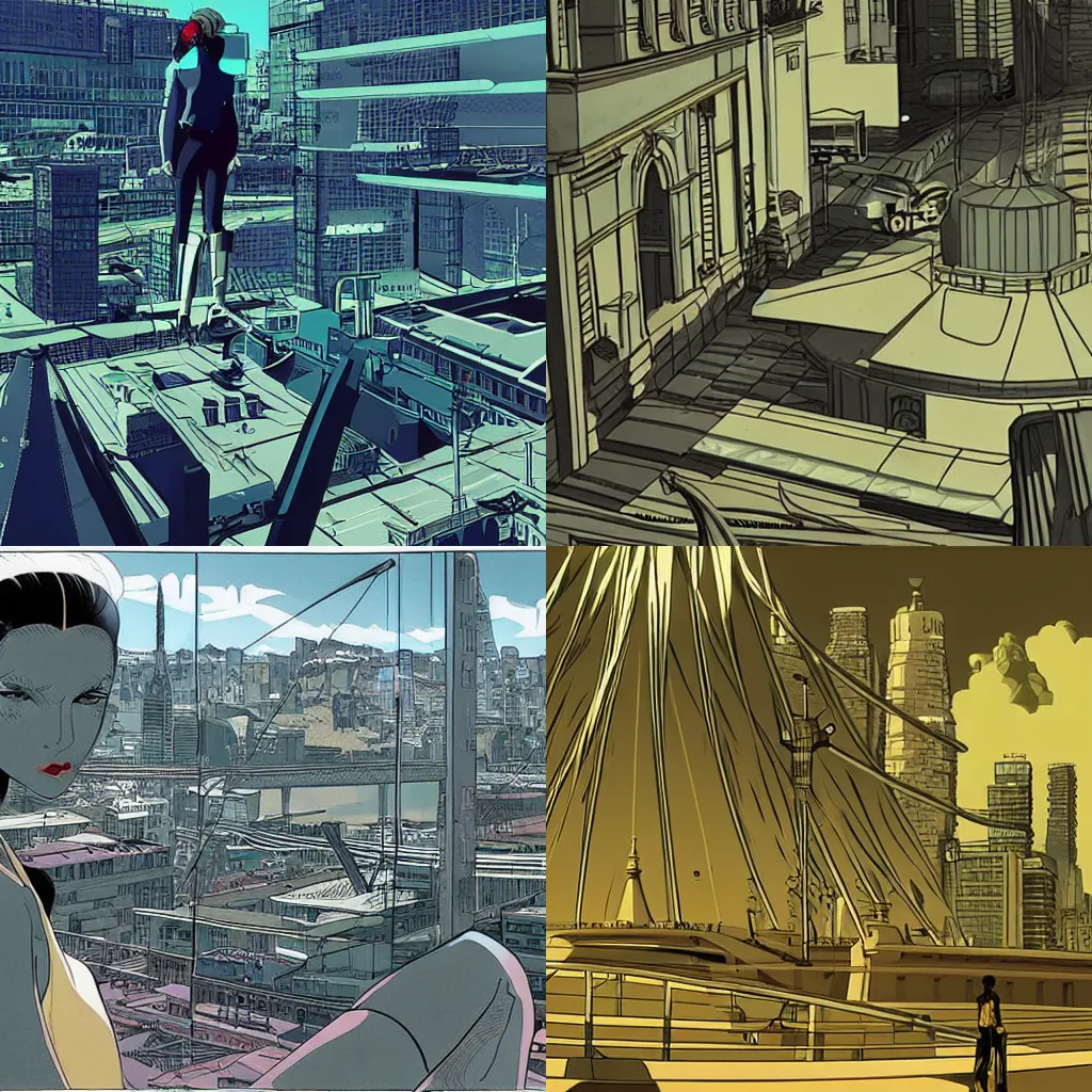Prompt: Aeon Flux scenes that are highly detailed and show the city from far away in the style of syd mead