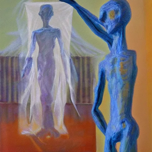 Image similar to a painting of a ethereal ghost standing close to camera in the style of alberto giacometti, acrylic, twilight, glows, detailed,