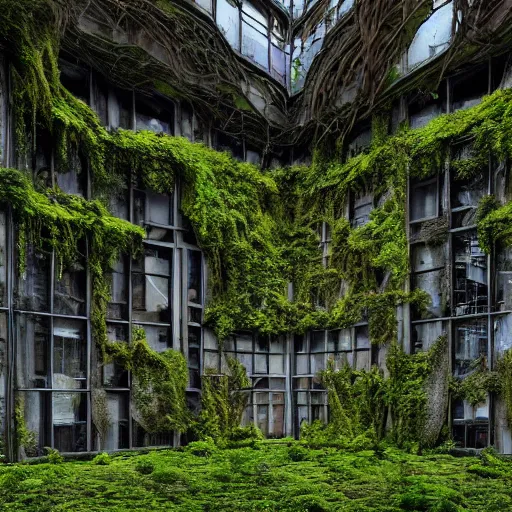 Prompt: “derelict architecture single building , the windows are covered in moss with growing vines, building designed by architect Zaha Hadid, architecture digest, building surrounded in a luxury environment, bright tones, fluorescent lighting,volumetric Lighting, photorealism, high detail, golden ratio, cinematic, octane renderer”