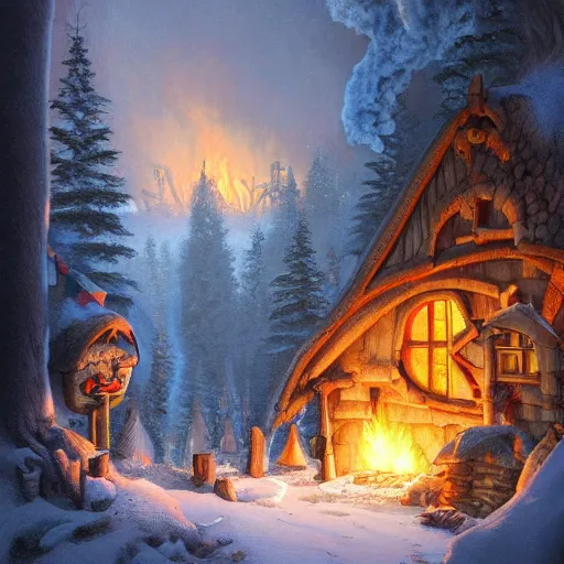 Image similar to a detailed illustration idyllic the house with smoke coming out of the chimney in the forest scene by Justin Gerard, trending on artstation, cgsociety, deviantart