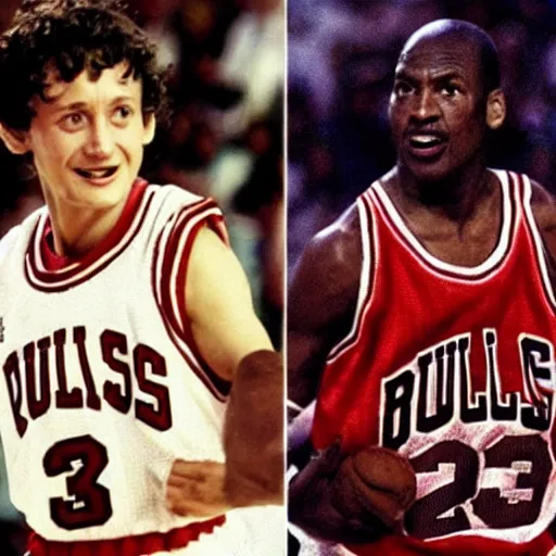 Image similar to frodo baggins blocking michael jordan, nba