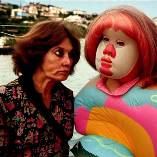 Image similar to 1976 middle aged woman wearing a transluscent inflatable toy head in a small fishing village 1976 French film archival footage technicolor film expired film 16mm Fellini new wave John Waters movie still