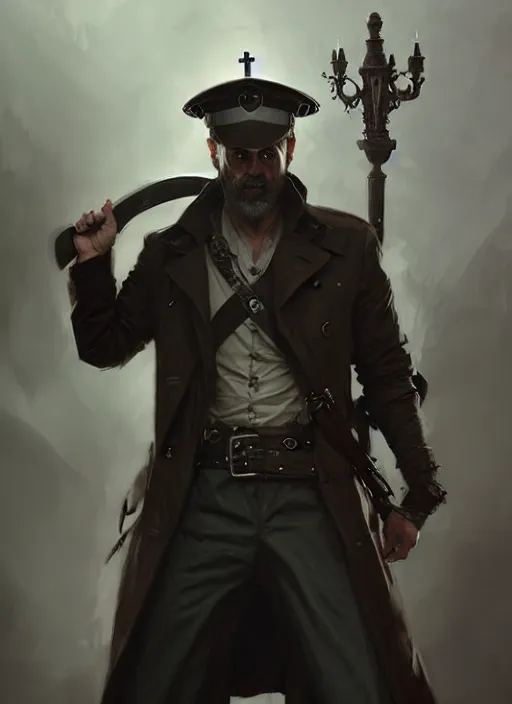 Image similar to portrait of a rugged man wearing a trenchcoat, sailors cap, holding a sword, victorian, concept art, detailed face, fantasy, highly detailed, cinematic lighting, digital art painting by greg rutkowski