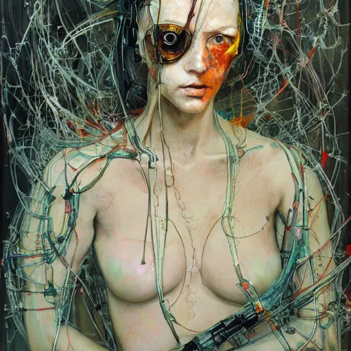 Prompt: a female cyberpunk cyberhacker, wires cybernetic implants, in the style of adrian ghenie esao andrews jenny saville surrealism dark art by james jean takato yamamoto and by ashley wood