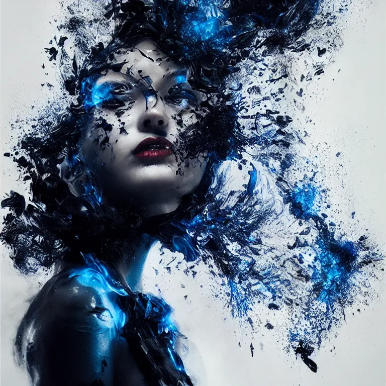 Image similar to 3 d, white and black smoke, sun rays, confident fashion model, sweat skin, liquid black metal, black roses, poster art, high detail, intricate oil painting, multiple exposure, deep blue mood, hyperrealism, 3 d, by tooth wu and wlop and beeple and greg rutkowski