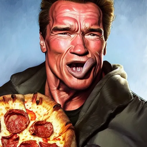 Image similar to portrait of arnold schwarzenegger opening his mouth to eat pizza, highly detailed, digital painting, artstation, concept art, sharp focus, illustration, art by artgerm and greg rutkowski and alphonse mucha